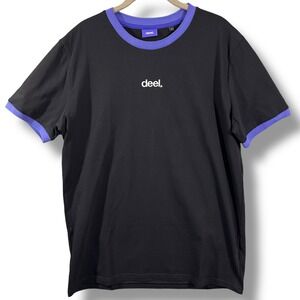 Deel Embroidered Ringer Black T-Shirt Size Large Cotton